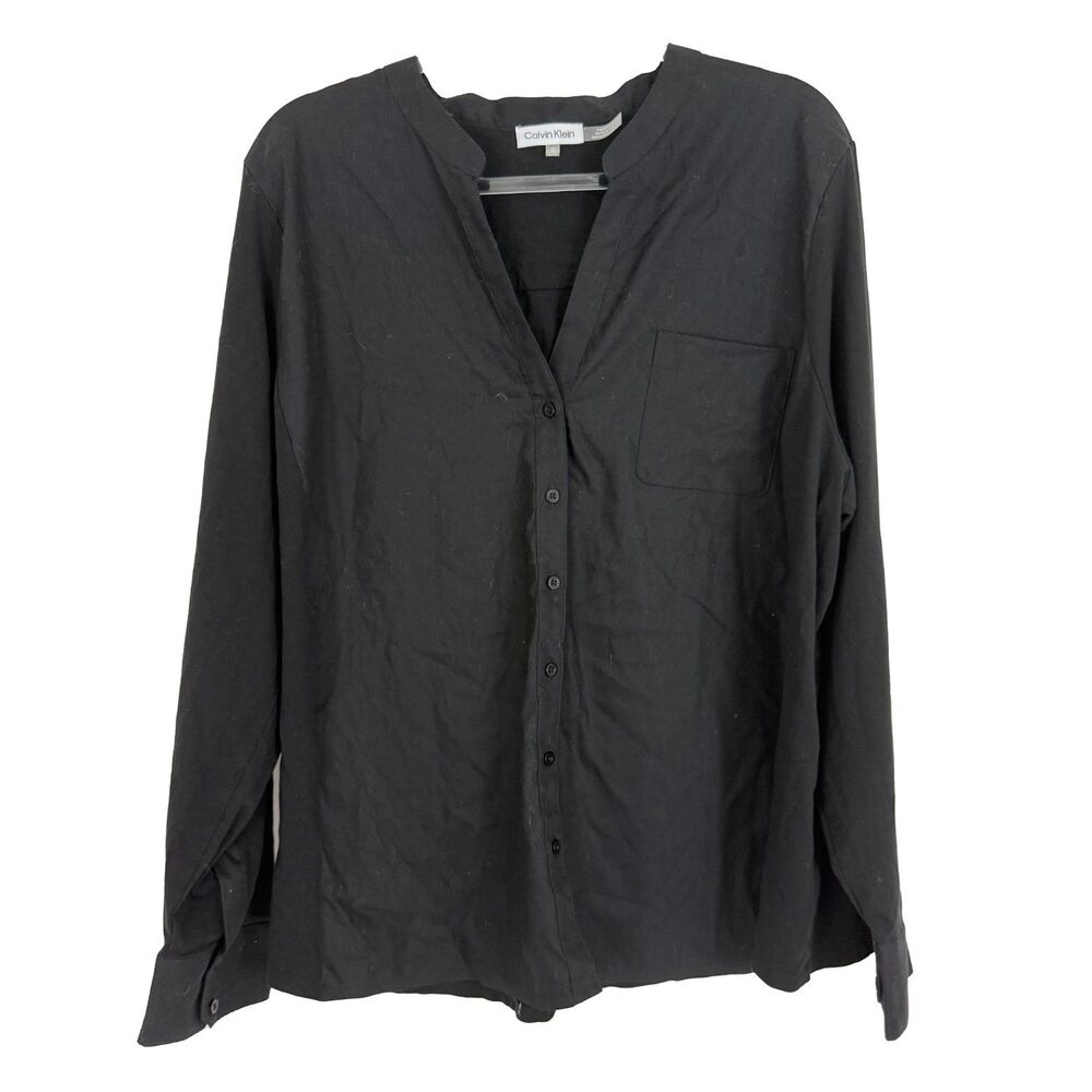 CALVIN KLEIN Frany Cotton Button Up Shirt 2X Plus Black Mixed Media Top EUC B68
